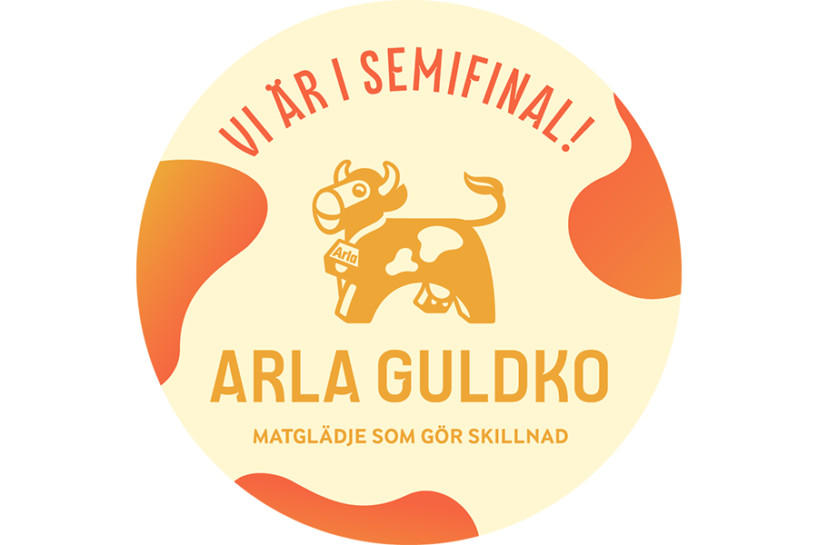 Illustration på en ko i orange färg. I övre delen av bilden står det "Vi är i semifinal!" I undre delen av bilden står det "Arla guldko"