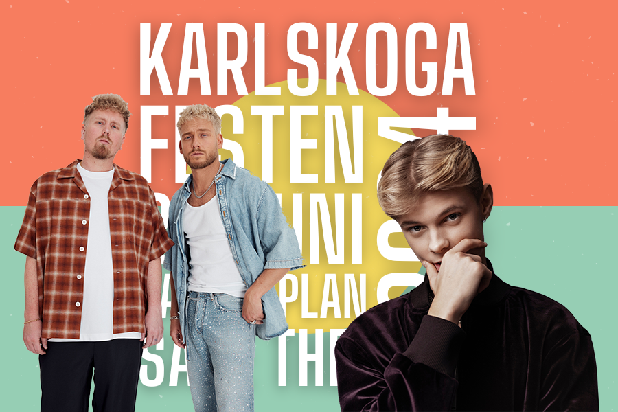 Affisch för Karlskogafesten med infotext och bild på årets artister