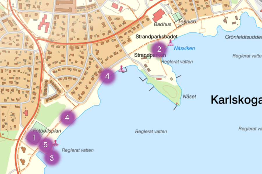 Karta som beskriver de olika projektens placering vid strandområdet. 
