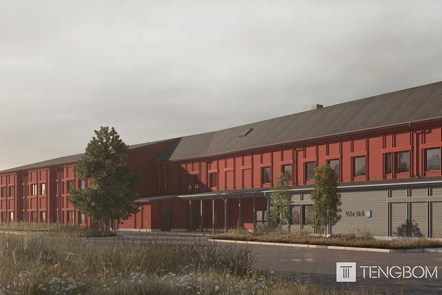 En illustration som visar en byggnad med röd träfasad.