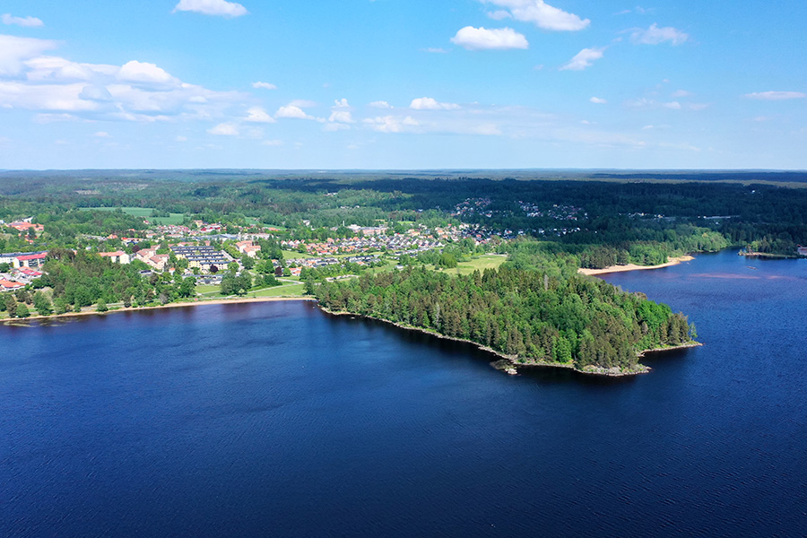 Vy över en strand och en udde med skog.