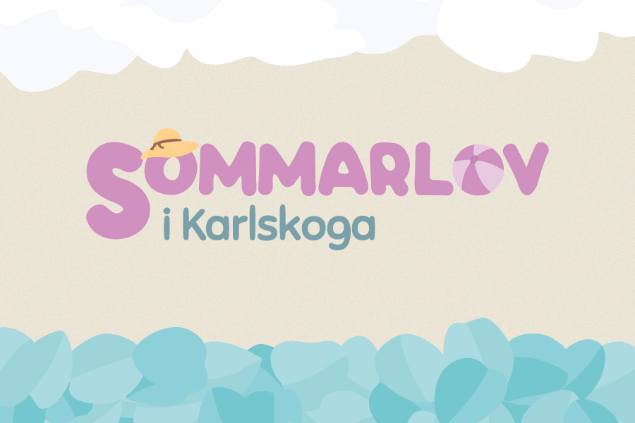 Texten Sommarlov i Karlskoga illustrerade i färgglada färger ovanpå en ljus bakgrund.