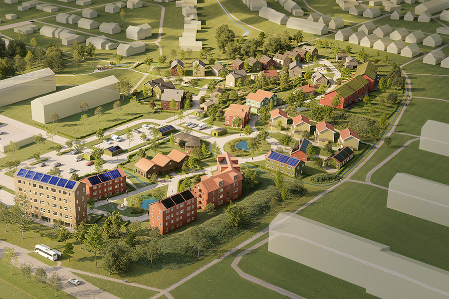En illustrerad bild över ett bostadsområde. Bilden visar röda hus men många gröna träd och buskar.