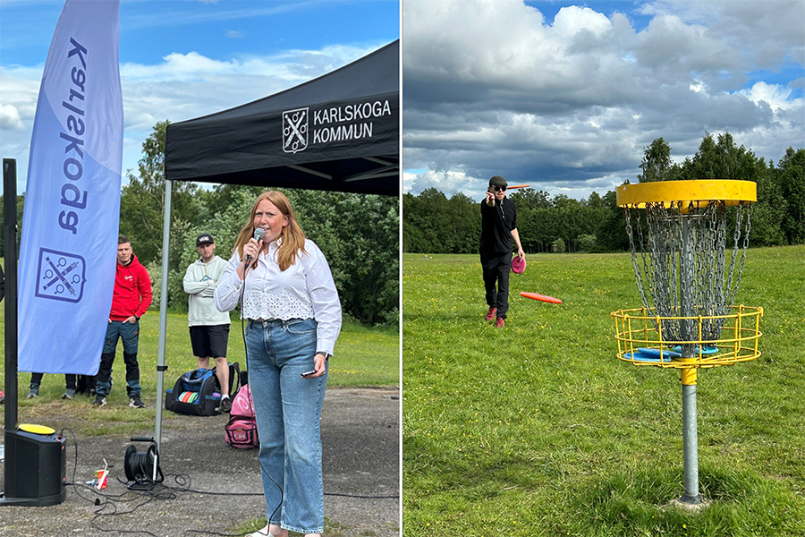 Två bilder, på vänstra bilden är en rödhårig tjej i ljusa kläder som pratar i en mikrofon framför flera personer, bakom är ett partytält med svarttak och Karlskoga kommuns logotyp i vit färg. På den högra bilden är en kille i svarta kläder som kastar en disc mot en disckorg som står på en grön gräsmatta.