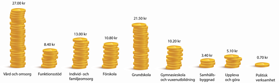 Ett diagram med guldmynt som visar hur skattepengarna fördelas