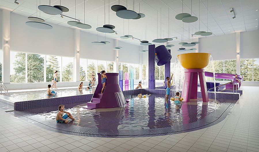 En pool med lekutrustning och barn som badar i bassängen.